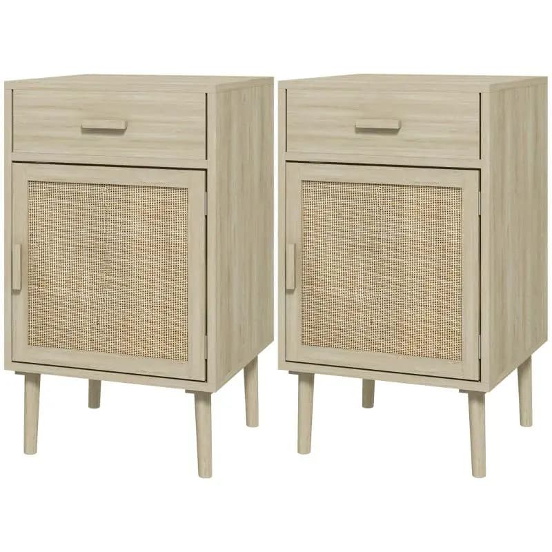 Set of 2 Bedside Tables with Rattan Drawer, Oak