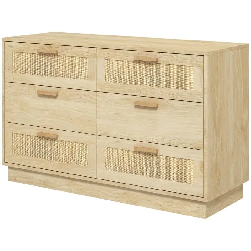 Wooden Chest of Drawers with 6 Rattan Mesh Drawers, Bohemian Style, Chest of Drawers for Living Room or Office, 110x40x69 cm, Oak