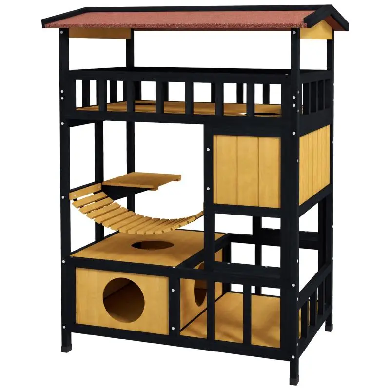 4-Level Cat House (84x60x116 cm) – Cat Shelter with Hanging Bridge, Balcony, and Asphalt Roof (Natural)