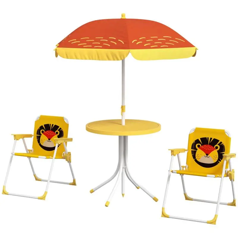Set of 2 Folding Chairs and Table for Children, Height Adjustable Lion Themed Garden Table with Umbrella, Yellow