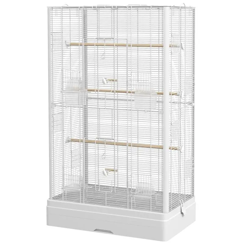 Bird Cage 61x36.5x98 cm with 8 Doors, 5 Perches, Removable Tray and 4 Feeders for Parakeets and Finches, White