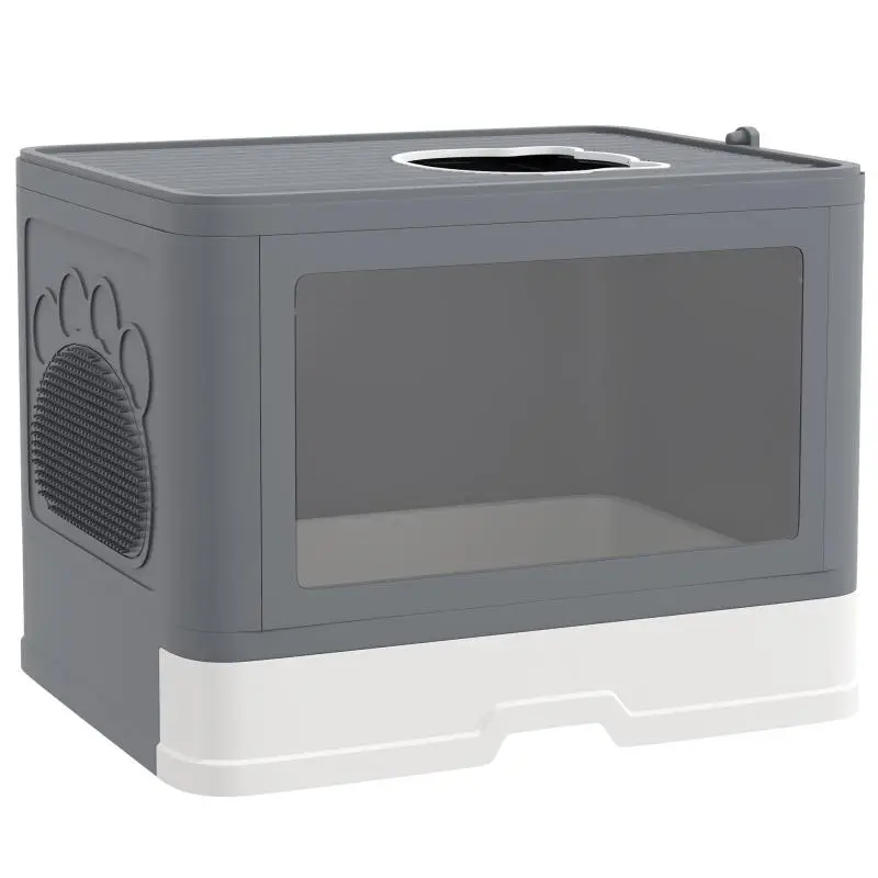 Covered Cat Litter Box with Scoop, Brush, 2 Doors (Main Entrance and Top Exit), 48.5x38x36.5 cm, Grey