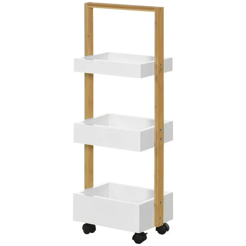 Bathroom Cart with Wheels and 3 Baskets – Multifunctional Bamboo Wood Utility Cart, 28x18x75 cm, White