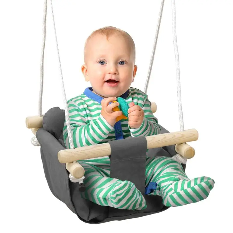 Height-Adjustable Baby Swing, Grey and Wood