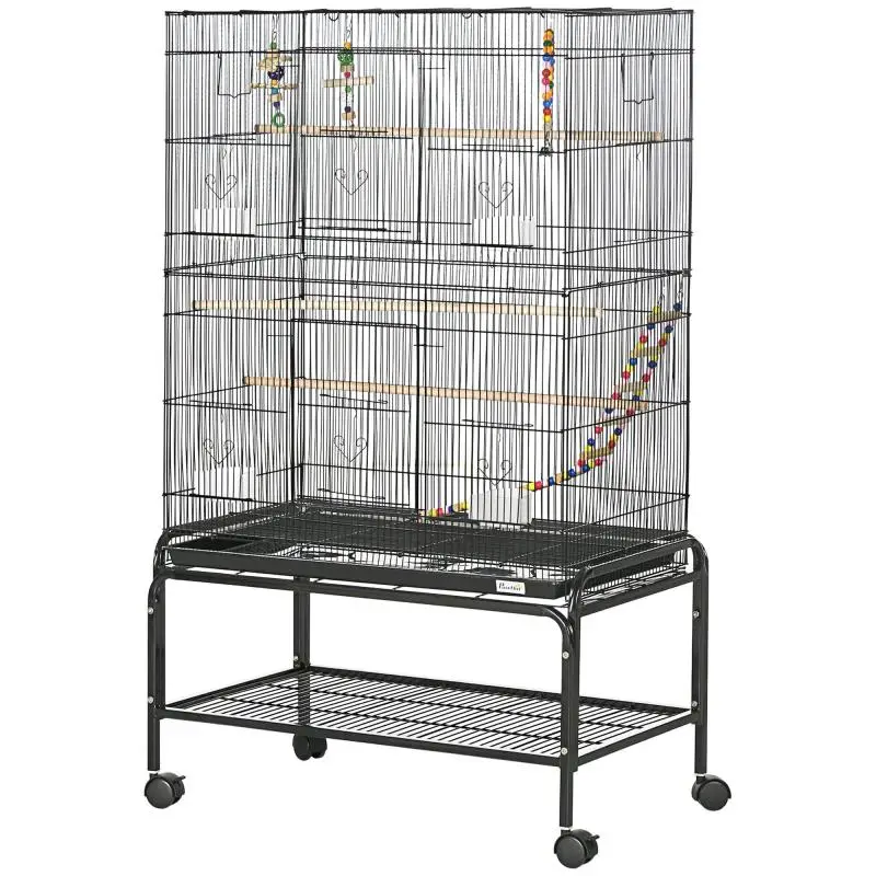 Bird Cage with Wheels 79x49x133 cm Metal Aviary with 4 Feeders, 3 Perches, and Toys for Parakeets, Black