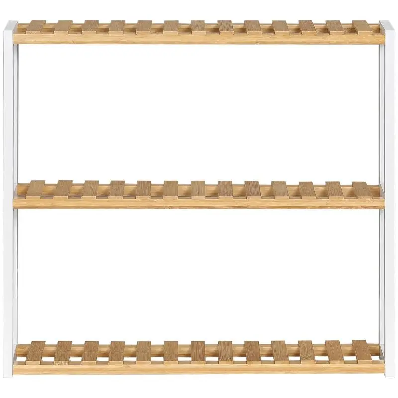 Bamboo Wall Shelf with 3 Floating Shelves for Living Room, Bedroom, and Kitchen – 60x15x54 cm – Natural and White