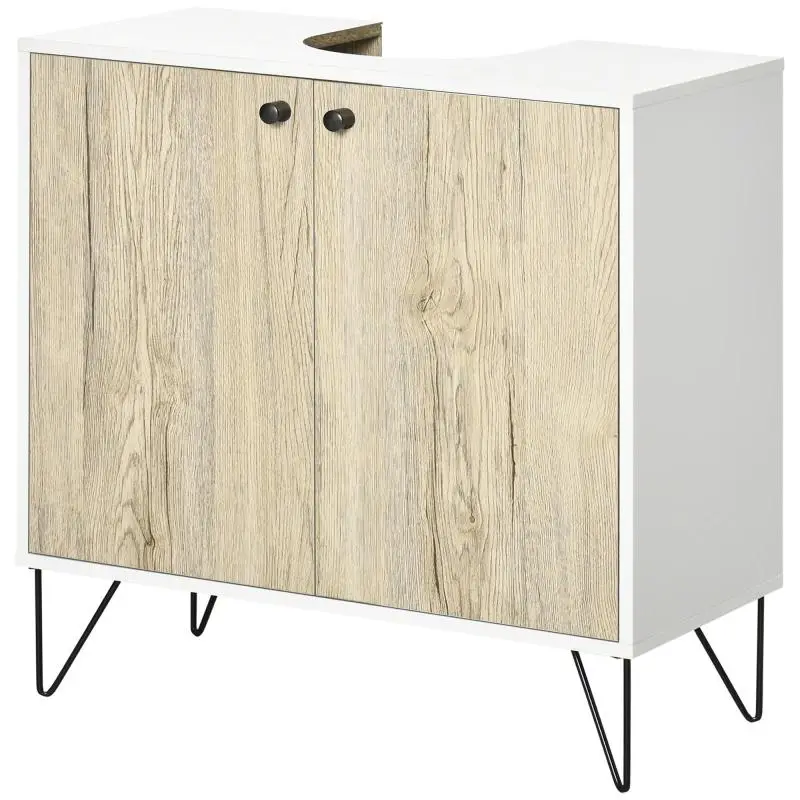 Under-Sink Cabinet with 2 Doors, Shelf, and Steel Legs – 60x30x60 cm – Oak and White