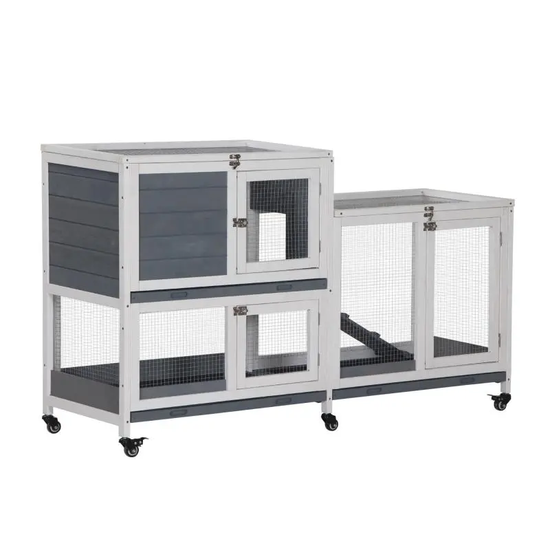 Wooden Rabbit Hutch with Wheels, 147 x 45.5 x 88.5 cm – 2-Tier Rabbit Cage with Openable Roof, 2 Metal Enclosures, 3 Removable Trays, and 3 Latchable Doors with Ramp (Grey)