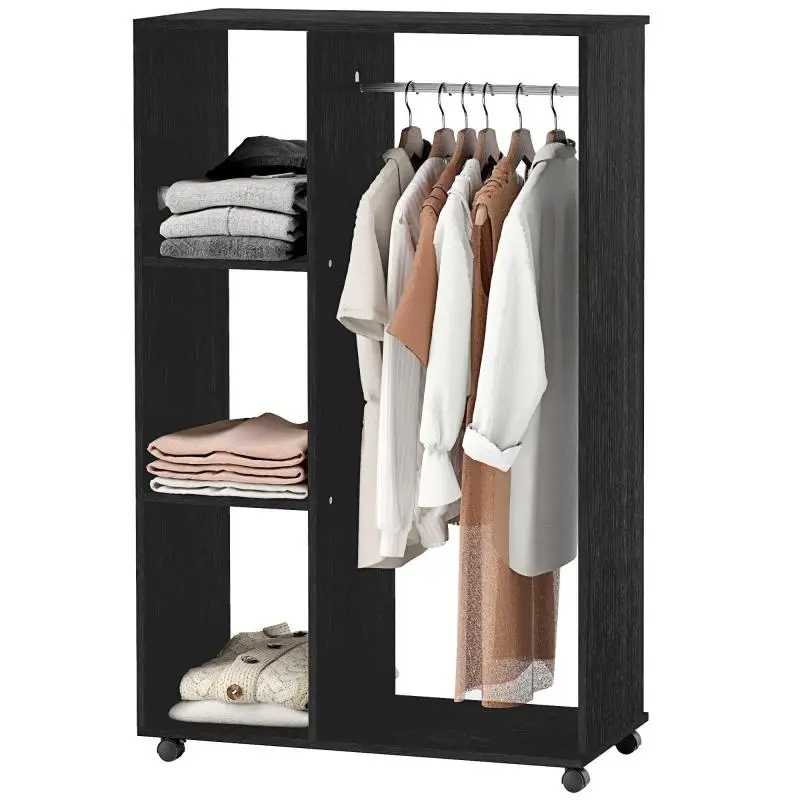 Wardrobe with Wheels and Shelves, Black
