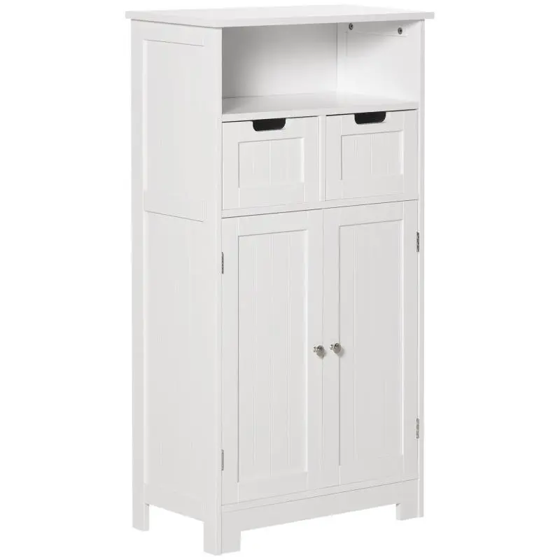 Bathroom Cabinet with 2 Doors, Adjustable Shelf, 2 Drawers and Open Compartment, Auxiliary Storage Furniture for Living Room Kitchen, 60x30x108.8 cm, White