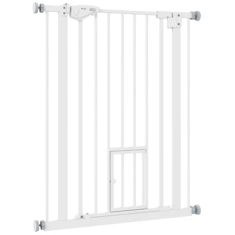 Dog Safety Gate, Extendable Pet Barrier with Gate, Small, Automatic Closing and Double Locking System for Doorway, Hallway, Staircase, 74-80x91.4 cm, White