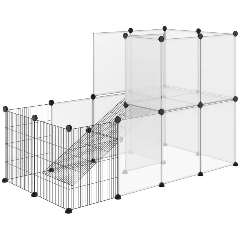 Small Animal Cage, Pet Playpen with 27 Panels and Customizable Shape for Guinea Pigs, Rabbits, Chinchillas, 140x70x90 cm, Transparent