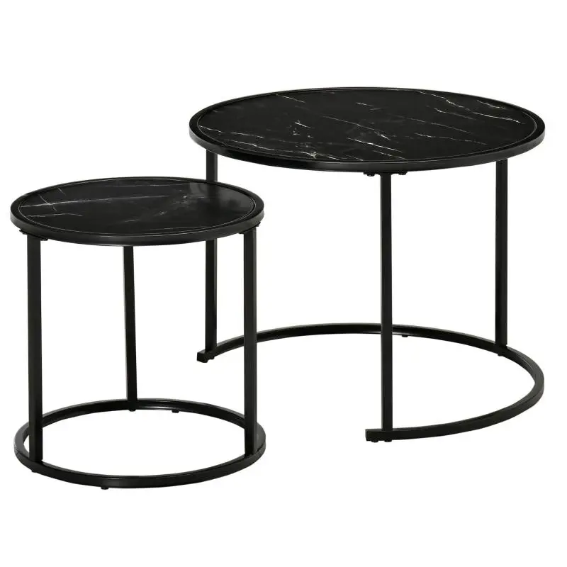 Set of 2 Round Stackable Side Tables, Marble-Effect Tops