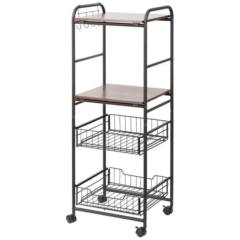 Storage Cart with 2 Shelves, 2 Baskets and 4 Hooks