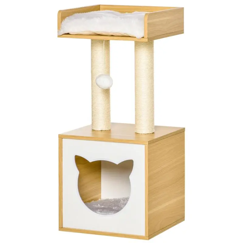 2-Level Cat Tree with Cave, Top Bed, Natural Sisal Scratching Posts, Washable Cushions and Toy Ball, 35x35x81 cm, Oak and White