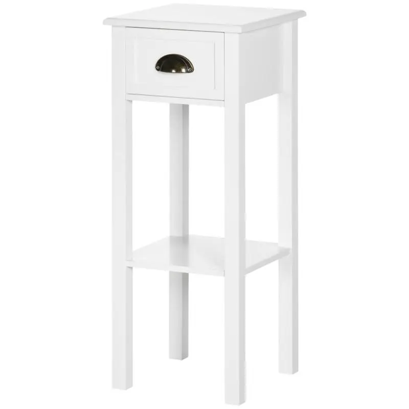 Side Table with Drawer and Shelf, 30 cm, White