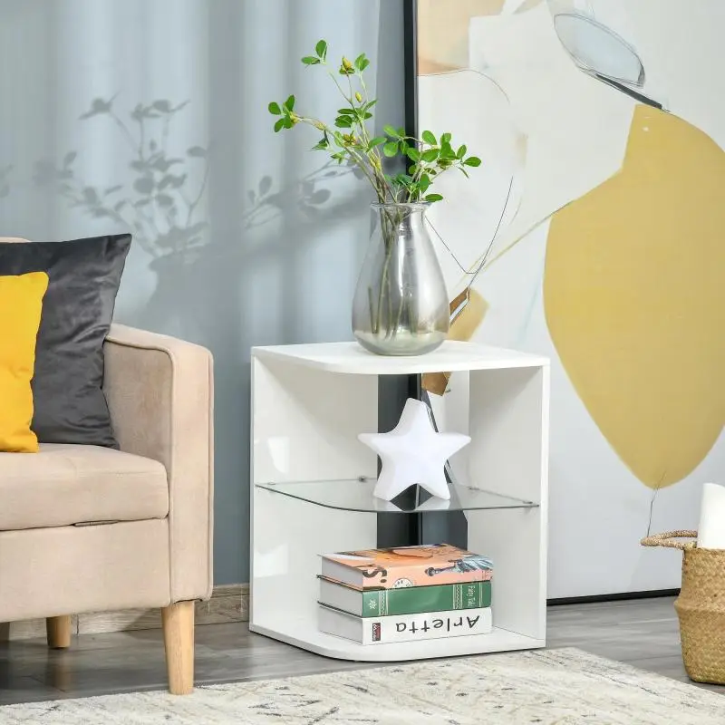 Side Table with 3 Shelves and Glass Top, 40 × 40 × 56 cm