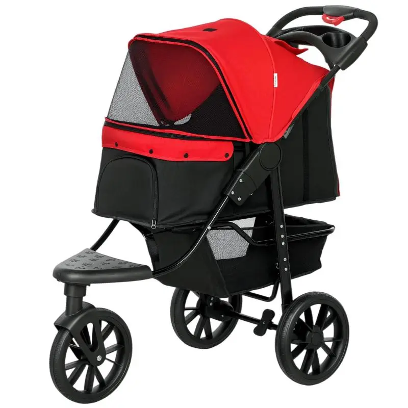 3-Wheel Dog Stroller with Mesh Windows, Red