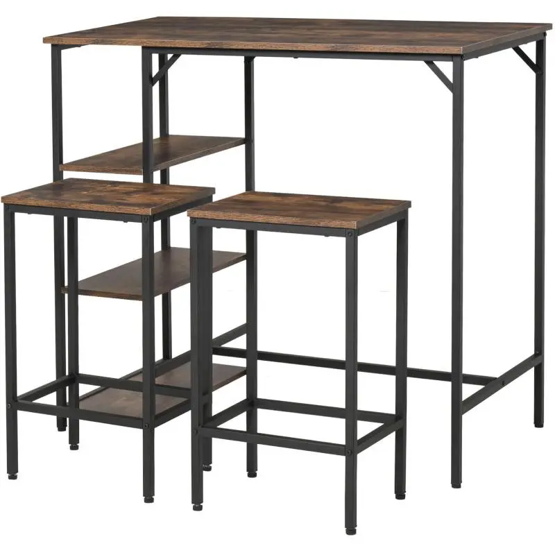 Bar Table and 2 Stools Set, Rustic Brown