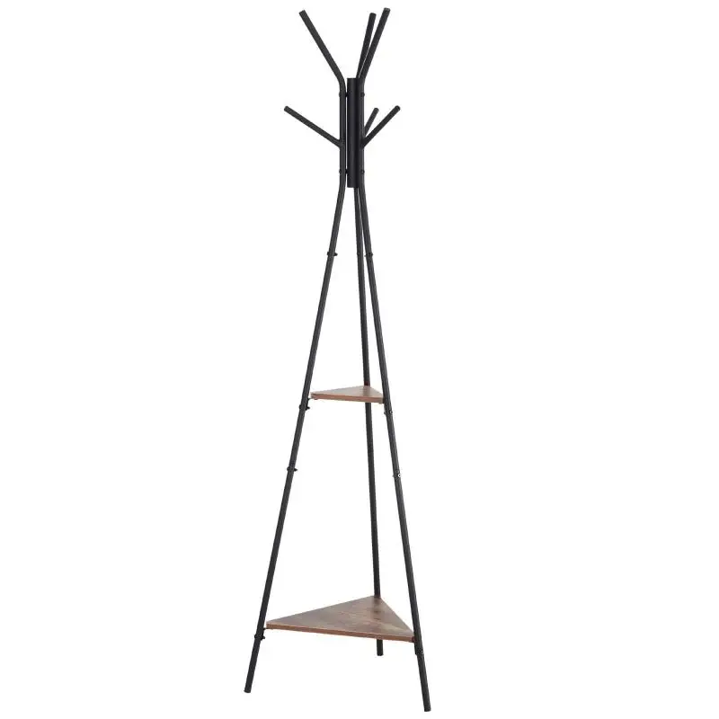 Freestanding Coat Rack with 6 Hooks and 2 Shelves