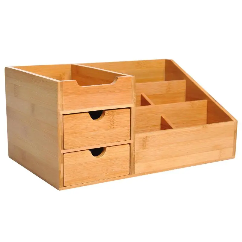 Bamboo Desk Organiser with 2 Drawers and 6 Compartments