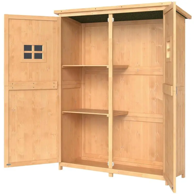 Natural Wooden Outdoor Garden Tool Cabinet with Double Doors and Shelves 127.5x50x164 cm