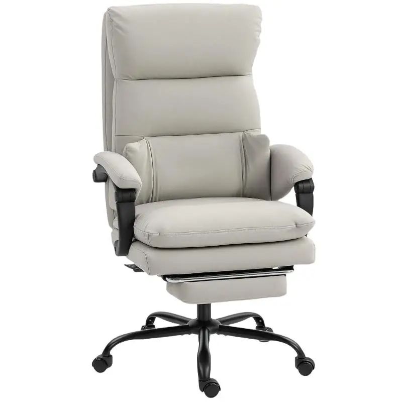 Office chair, height-adjustable desk chair with lumbar support, armrests, footrest, made of faux leather, light grey