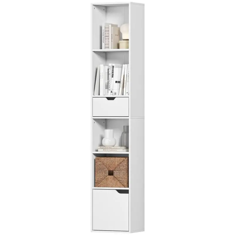 6-Tier Bookshelf with Drawer and Cabinet, Rustic Brown