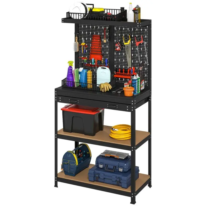 Workshop Workbench with Pegboard and 2 Shelves