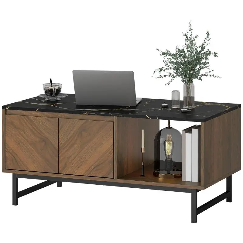 Coffee Table with Marble-Effect Top, Walnut