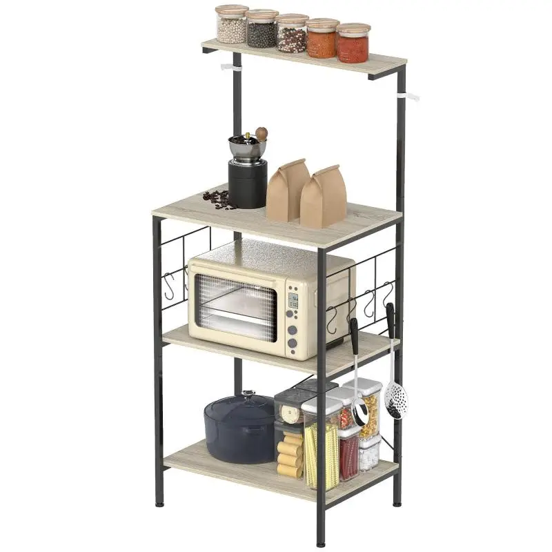 Kitchen Shelf with Microwave Stand and 8 Hooks, Oak