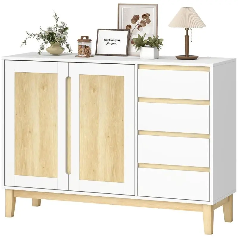 Sideboard with 2 Doors and 4 Drawers, White and Oak