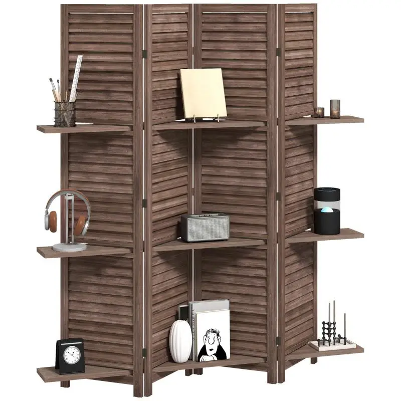 4-Panel Wooden Room Divider with Shelves, Walnut