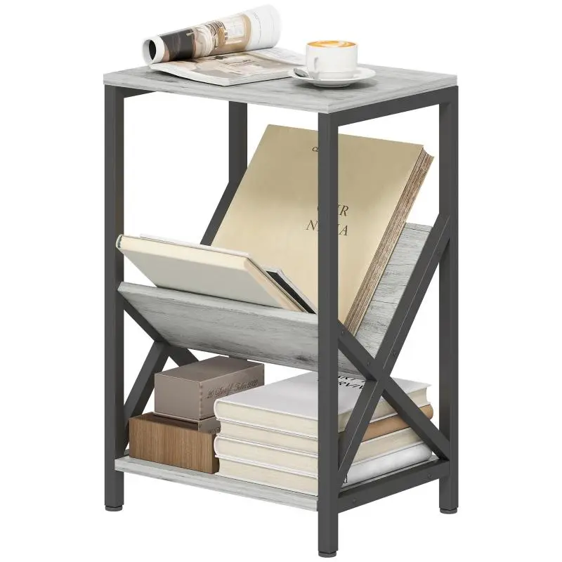 Narrow side table, 3-tier storage end table, V-shaped magazine rack, steel frame, 40x30x61cm, dark grey