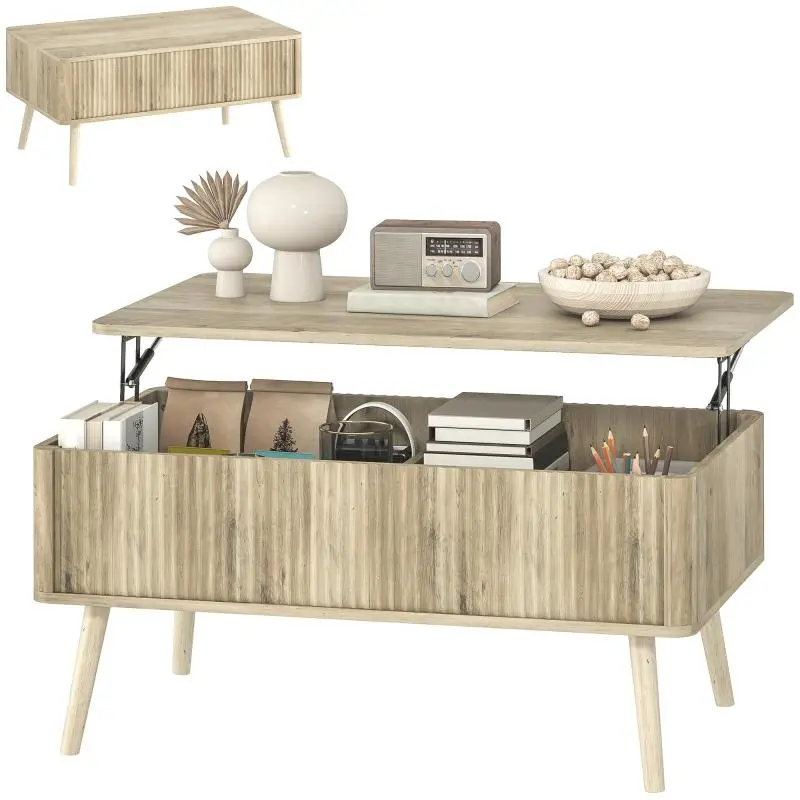 Lift-top coffee table, living room table with 2 hidden compartments and pine legs, 91 x 56 x 43 cm, oak