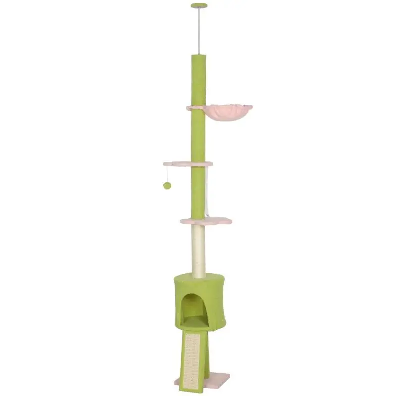 Floor-to-ceiling cat tree with 5 adjustable height levels (220-240 cm), flower platforms with scratching post, den, and hammock (green)