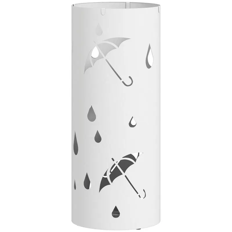 Cylindrical umbrella stand with removable drip tray and 4 hooks, ? 17 x 41 cm, white