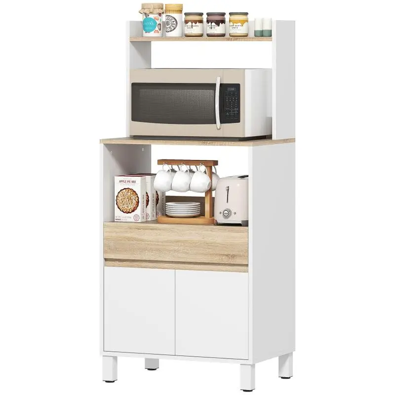 Microwave cabinet, kitchen sideboard with cupboard, drawer, and top shelf, 60 x 40 x 131 cm, oak and white