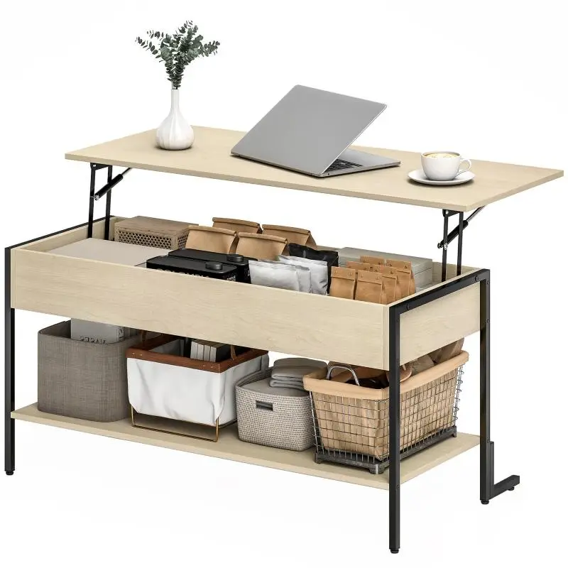 Lift-Top Coffee Table with Hidden Compartment and Shelf