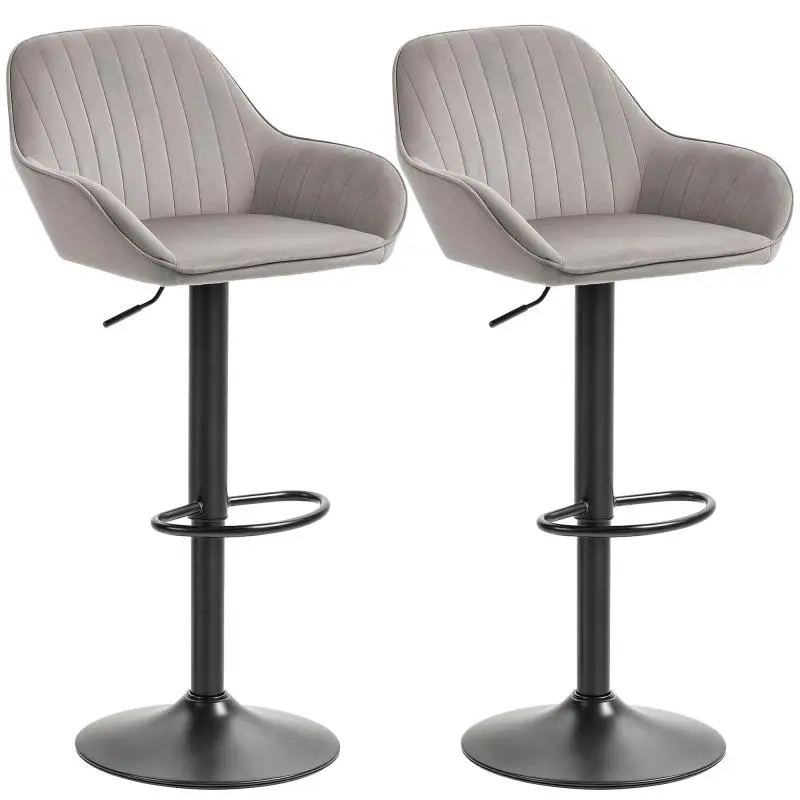 Set of 2 Grey Velvet Bar Stools with Backrests