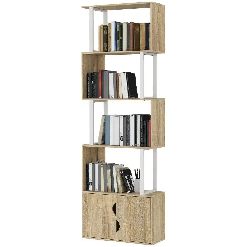 5-Tier Bookshelf with Double-Door Cabinet