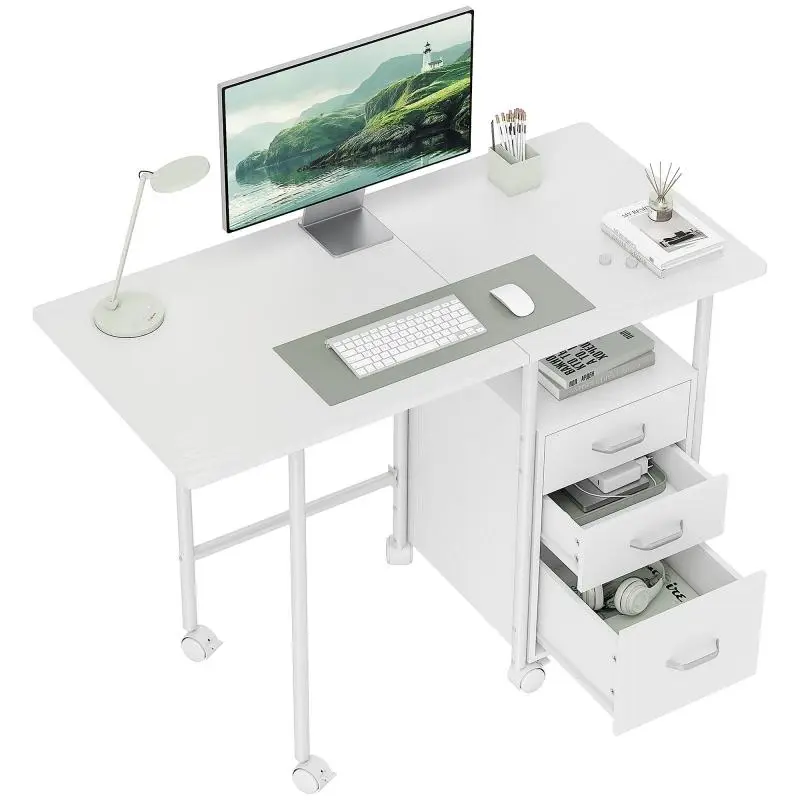 Foldable Computer Desk with 3 Drawers, 105 cm