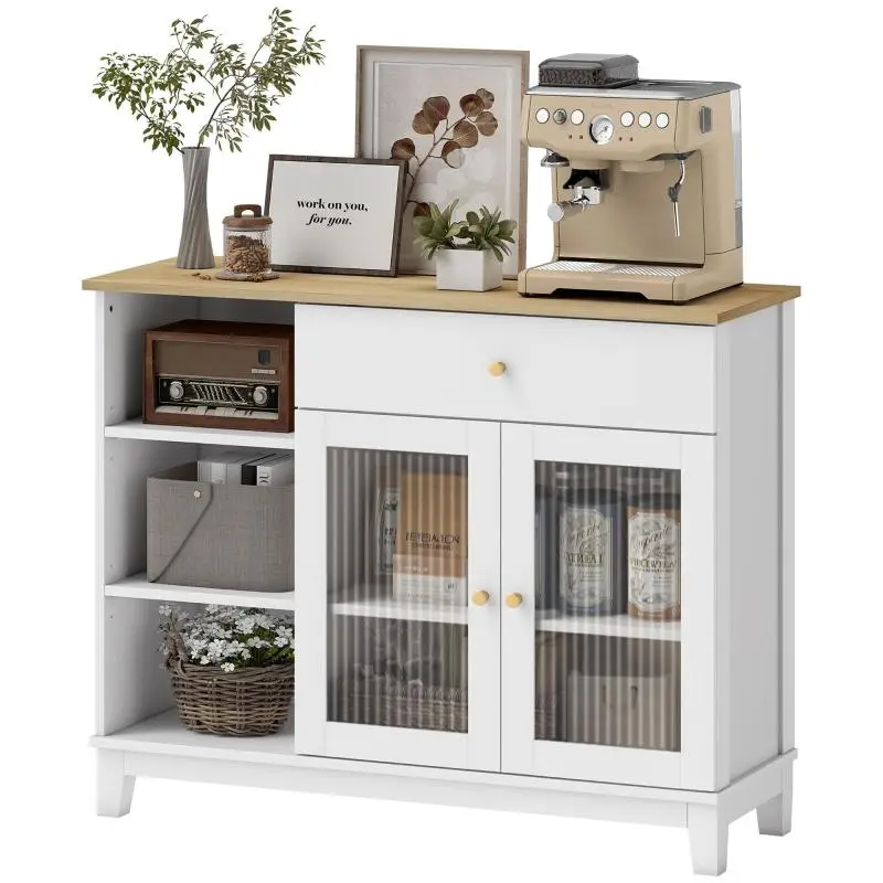 Sideboard with Glass Door Cabinet, Drawer and Open Shelves