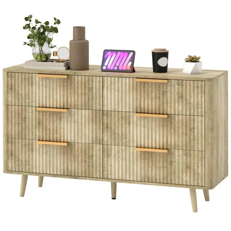 Scandinavian-style 6-drawer chest with pine handles and legs, for bedroom, living room, hallway, 120x40x76cm, oak