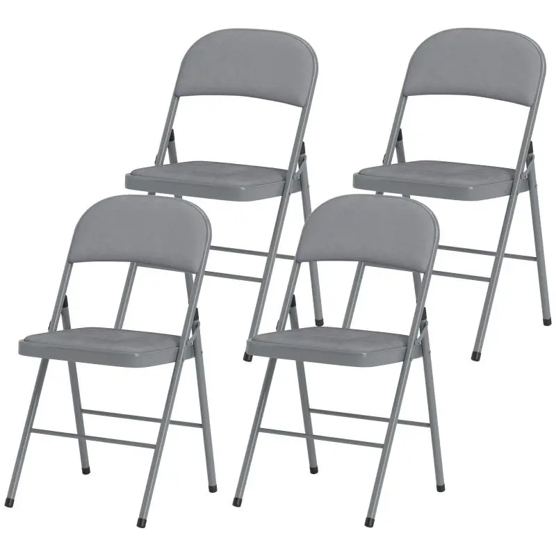 Set of 4 portable indoor folding chairs with padded velvet seats and backrests, steel frame, light gray