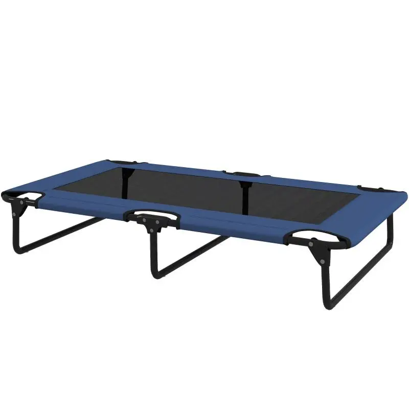 Cooling, foldable elevated dog bed, breathable mesh pet camp bed, 107x61x20cm, dark blue