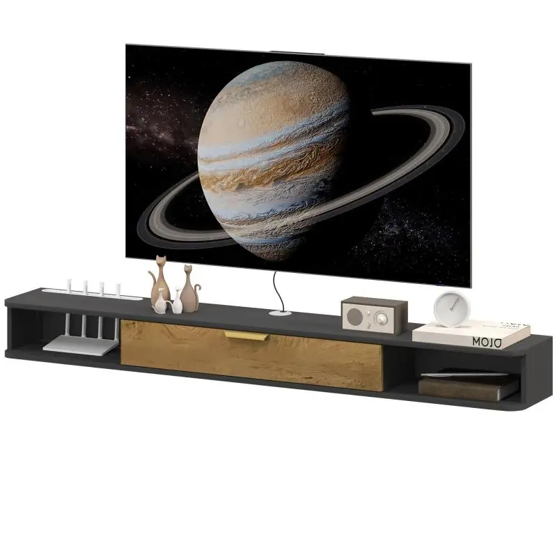 Wall-Mounted TV Unit with Open Compartments, Grey