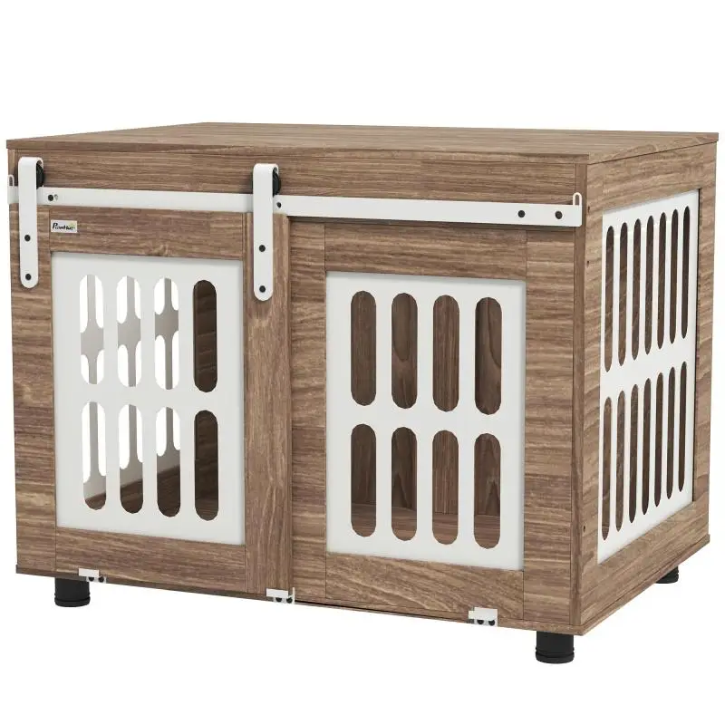 Dog crate cabinet with sliding door, medium-sized dog house, side table, 80 x 59 x 63 cm, walnut