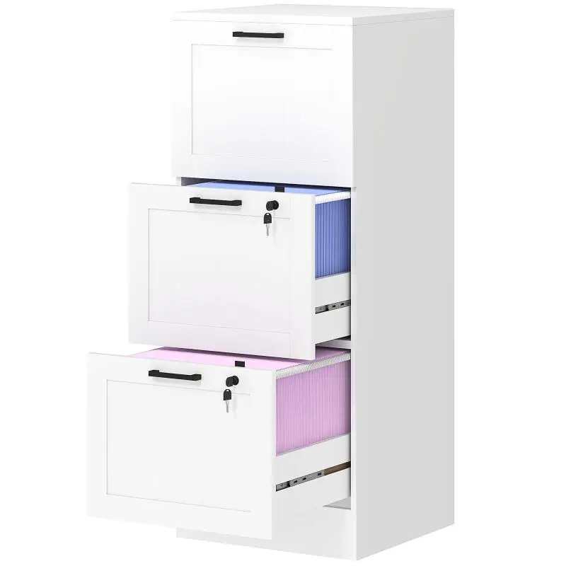 Office cabinet, wooden storage unit with 3 drawers and lock, adjustable hanging rails, 40 x 40 x 101 cm, white