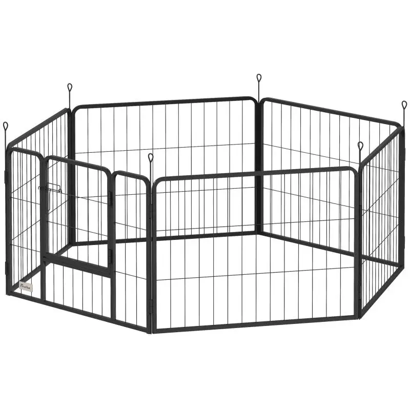 Dog playpen, 6-panel modular and foldable dog enclosure, portable steel with door, 80 x 60 cm, grey